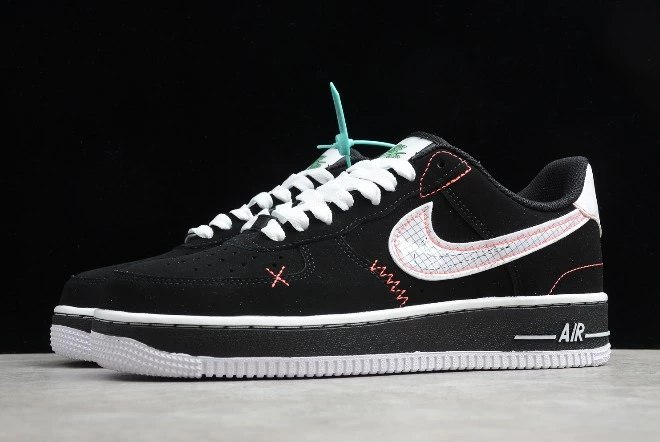 2020 Nike Air Force 1'07 LV8 Exposed Stitching Black White Bright Crimson Green Strike CU6646 001 - Image 2